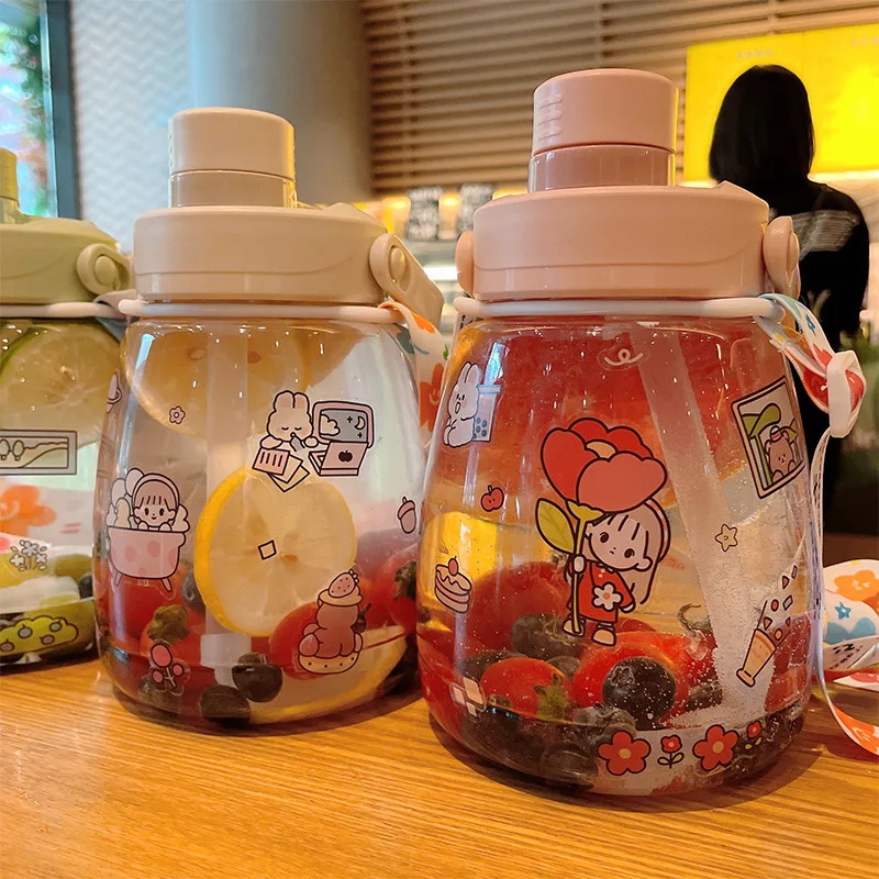 

Cartoon Plastic Straw Water Cup Large Capacity 1300ml Portable Strap Net Red Big Belly Cup Outdoor Strap Sports Water Bottle