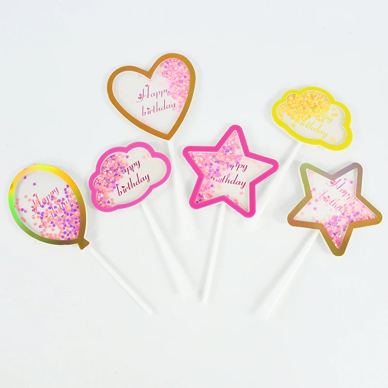 

5pcs Star Heart Cloud Sequins Happy Birthday Cake Topper Wedding Birthday Party Baby Shower Baking Dessert Cake Decorating