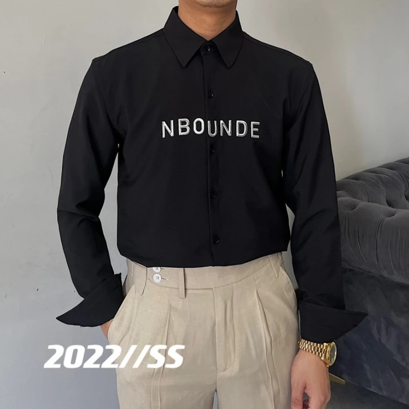 

2022 Korean Fashion Letter Print Shirts Men Casual Long-sleeved Shirt Non-iron Simple Trend Slim Business Dress Shirt Streetwear