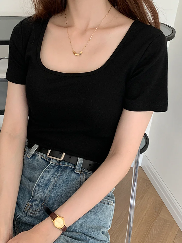 Woherb Однотонная футболка с квадратным воротником женские облегающие