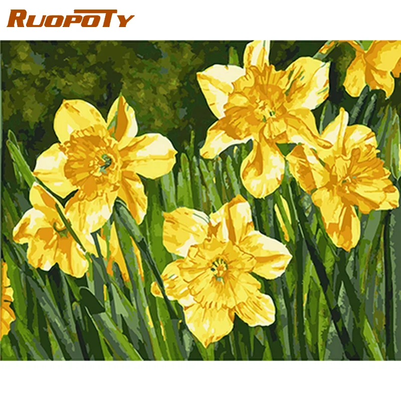 

RUOPOTY Oil Painting By Numbers Paint Kit On Canvas Yellow Flower Number Painting Wall Art Picture On Number For Adults Diy Gift