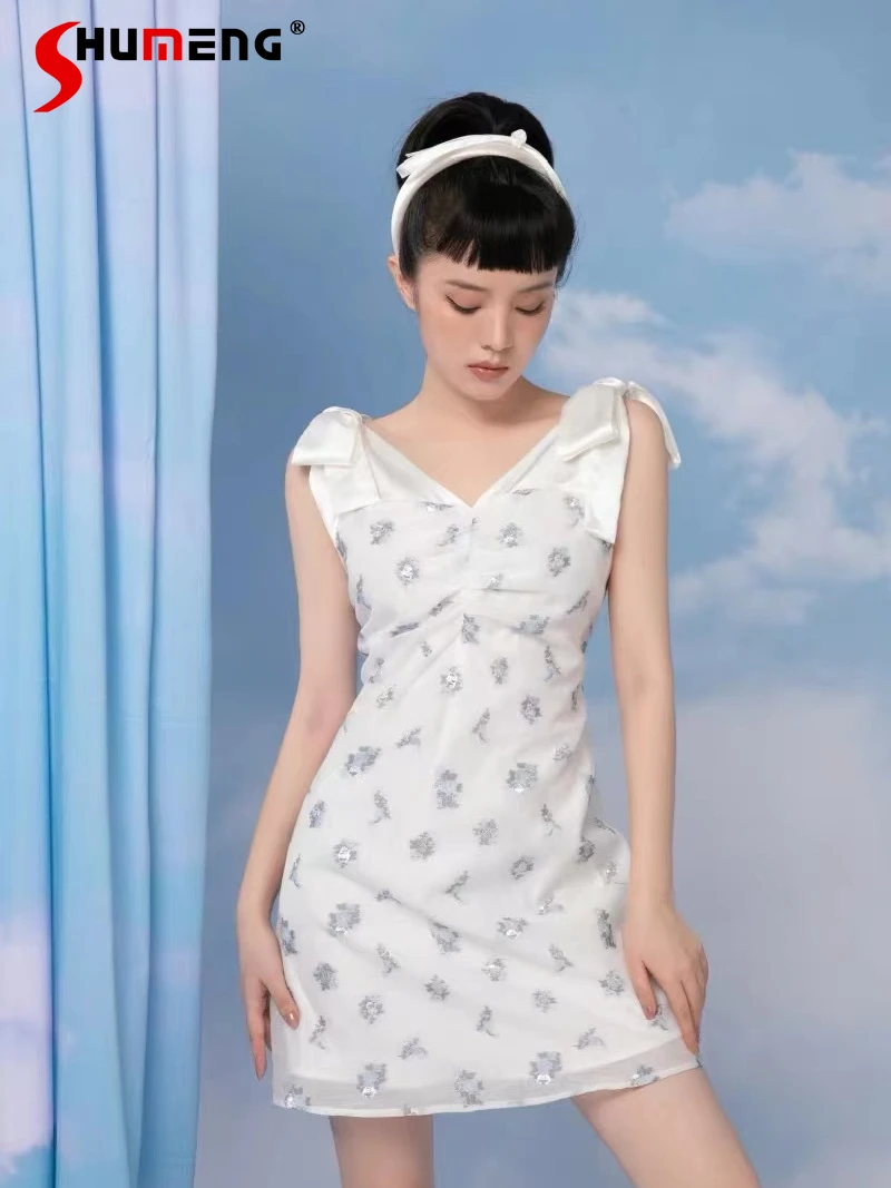 

French Style Bow V-neck Lace-up Floral Satin Dress Summer Heavy Industry Cinched Mesh Suspender Dress Sleeveless Midi Dress