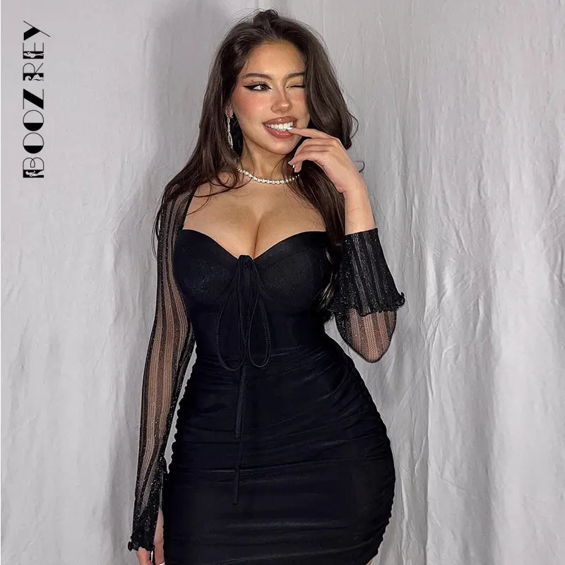 

BoozRey Новинка, женское платье с длинным рукавом, открытой спиной, облегающие короткие платья, одежда для ночного клуба