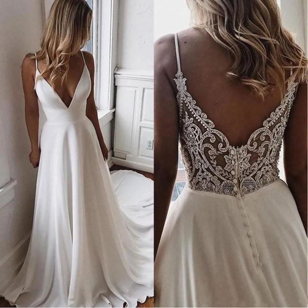 

Simple Modern A Line Chiffon Bridal Wedding Dresses Lace Back Out Boho Wedding Gowns for Bride Plunge V Neckline