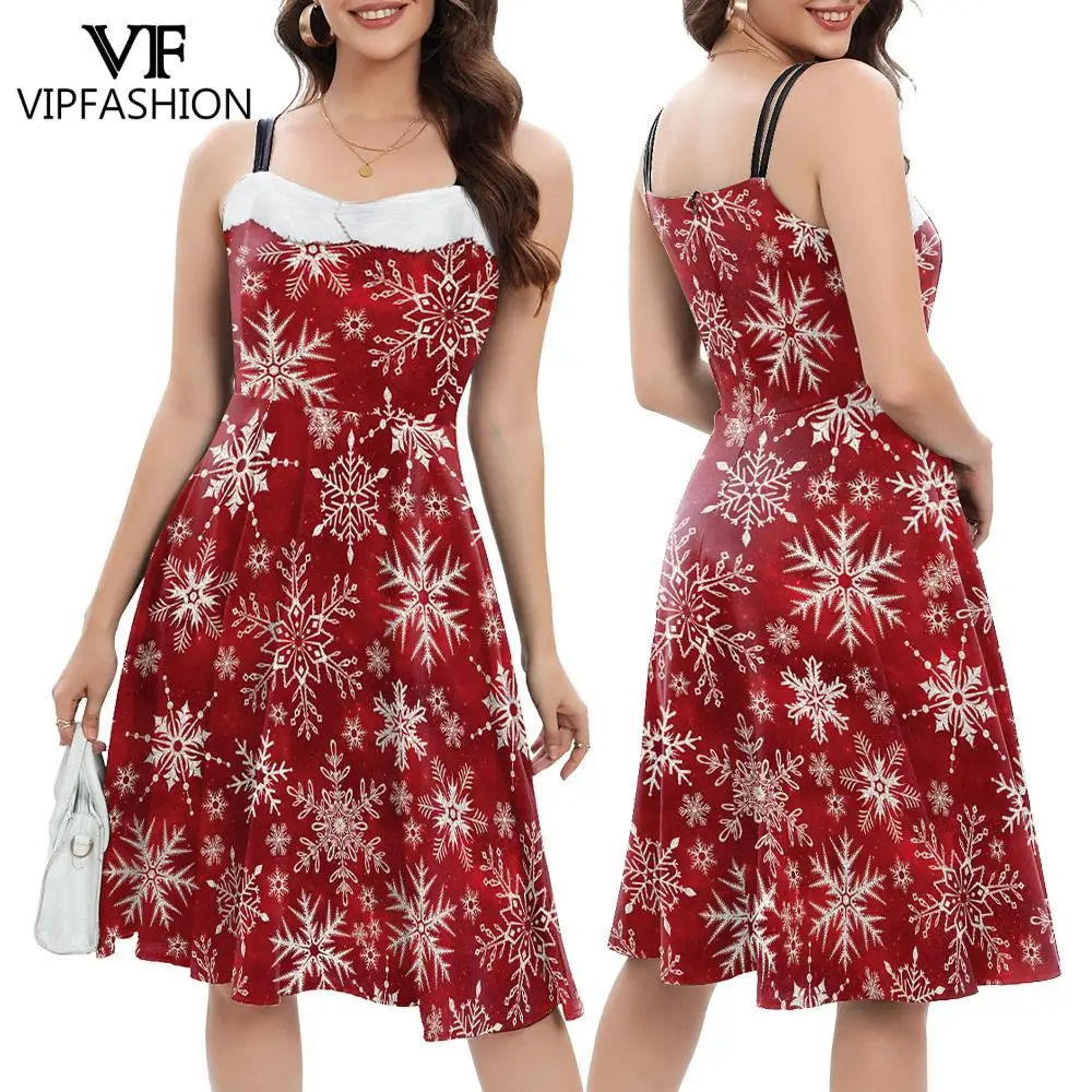VIP FASHION Woman Snowflake Christmas Dress Sweetheart Neck Sphagetti Strp New Year Up Fancy Costume Xmas Clothes