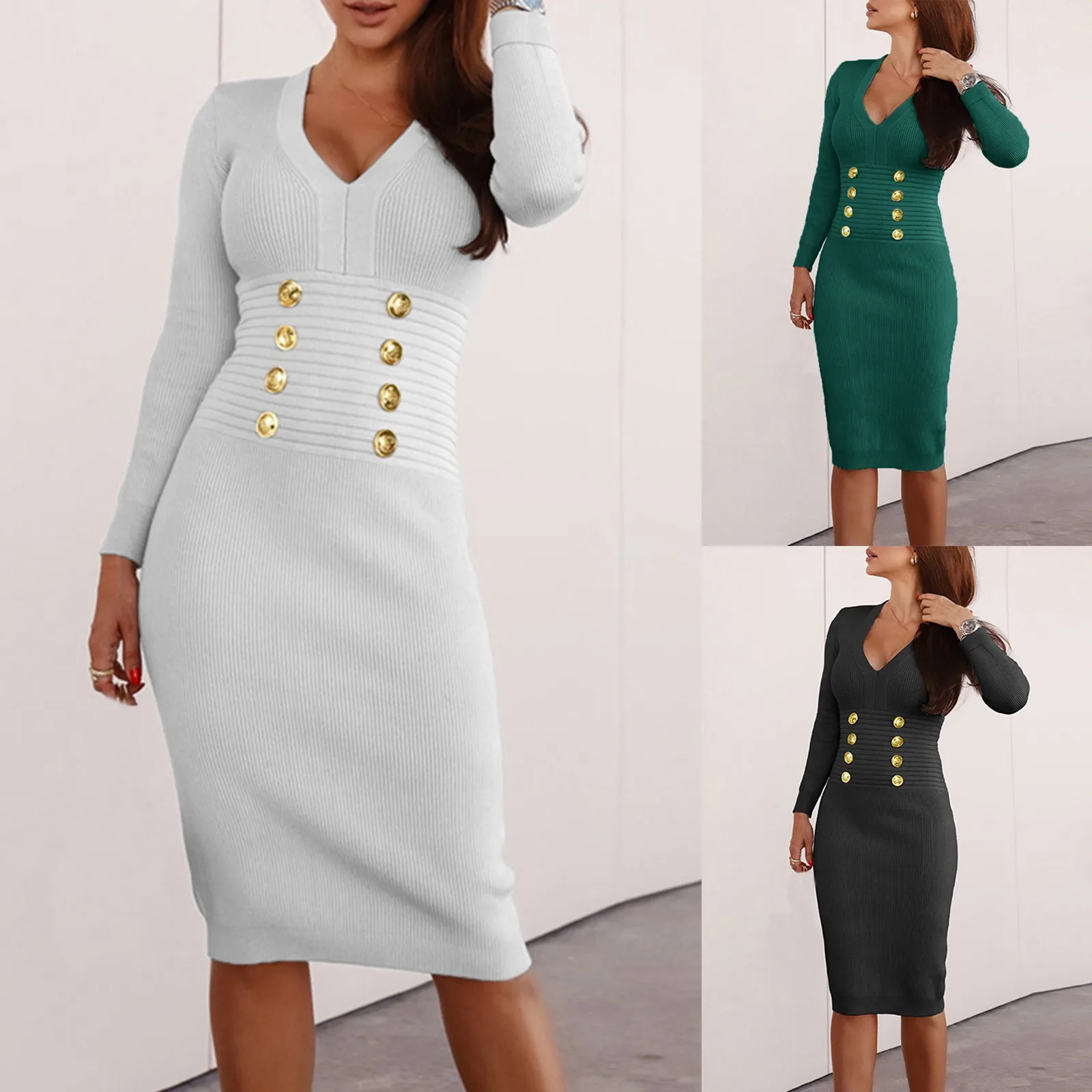 

Womens Solid Color Slim Fit V Neck Buttons Knit Sweater Dress Oversized Dresses