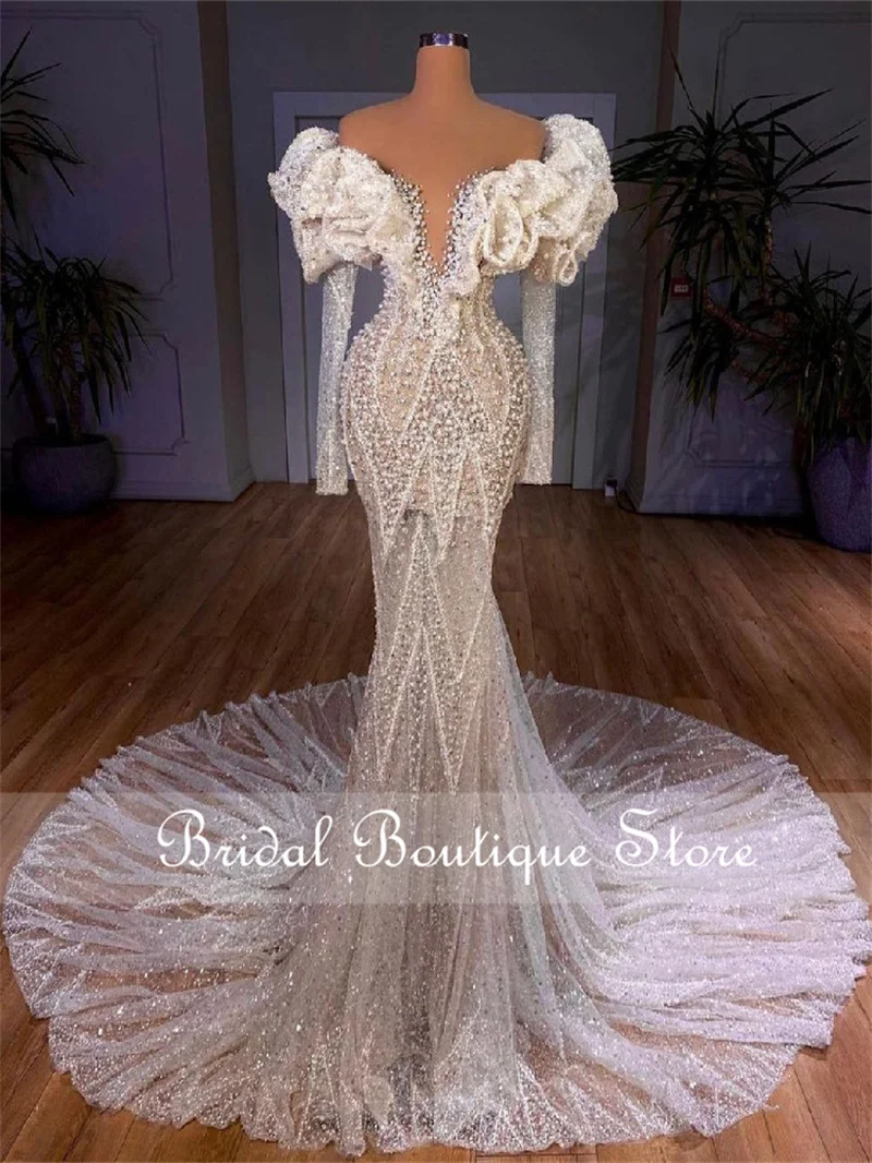 

Luxury Major Beading Handmade Mermaid Wedding Dresses 2023 Elegant Sparkly Pearls Crystal Bridal Dress Vestido De Noiva