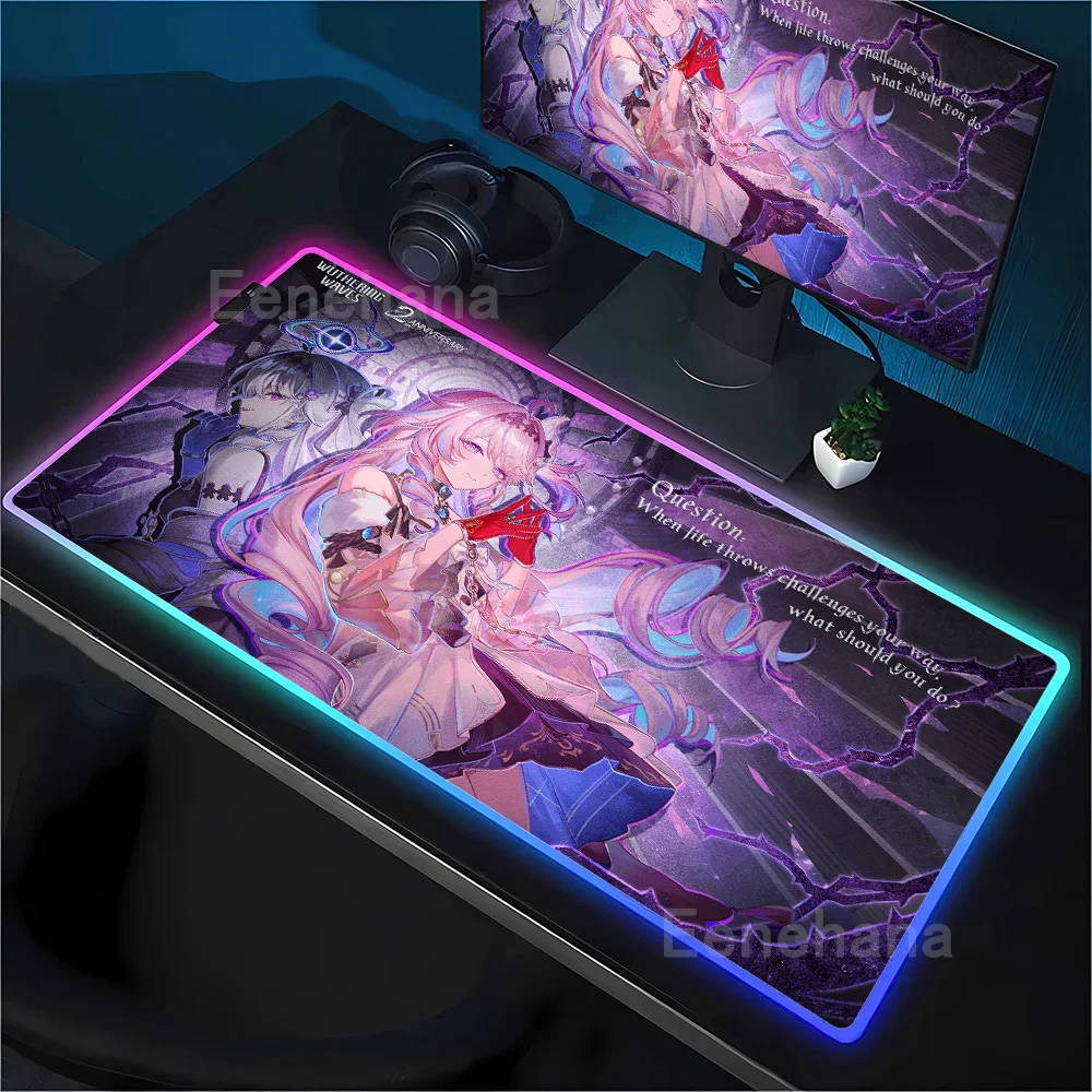 Фото Коврик для мыши RGB Wuthering Waves Denia Kawaii с изображением аниме-девушки, офисный коврик для клавиатуры и мыши с LED-подсветкой, резиновый коврик для стола с HD-печатью и подсветкой №1