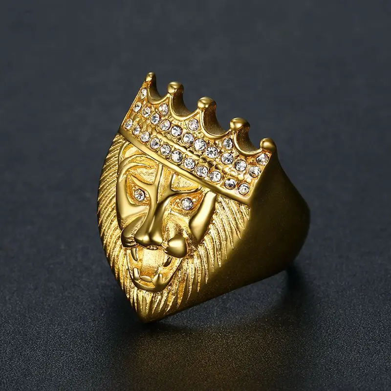 

Titanium steel Gold diamond-encrusted Crown Lion Head men's ring