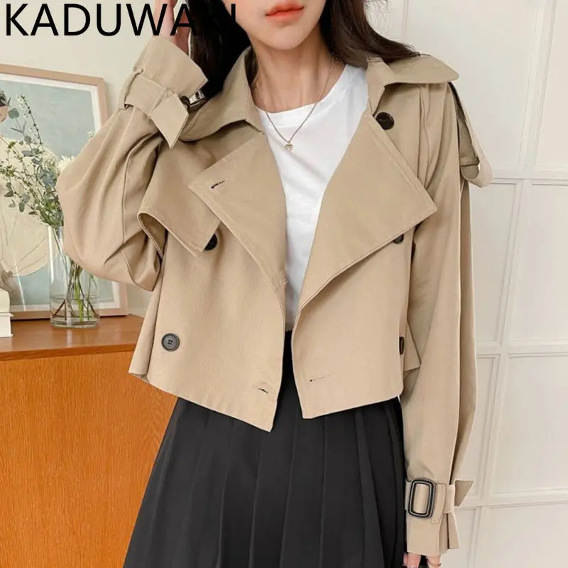 

E GIRLS Suit Collar Double Breasted Women Trench Coat Loose Casual Long Sleeve Short Windbreaker Jackets Korean Chic Simple Retr
