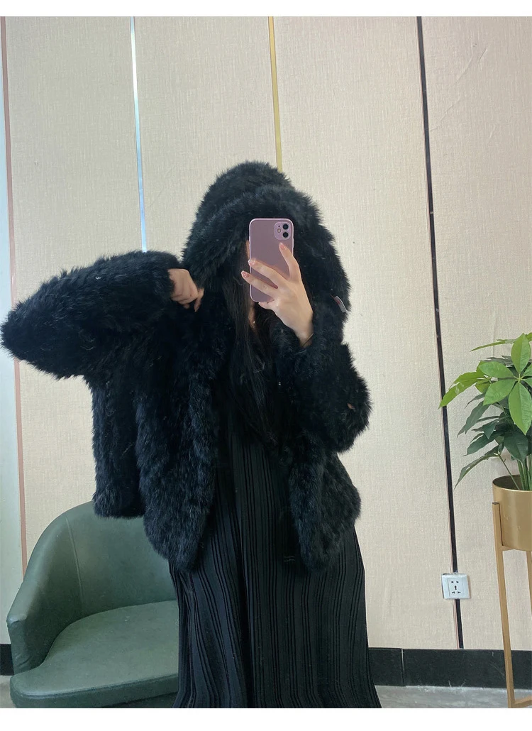 New Real genuine natural women rabbit fur coat with hood women's knitted fashion jacket outwear