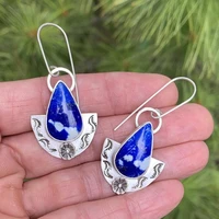vintage hollow spiral blue stone drop earrings womens tribal jewelry metal antique silver color whirl ethnic earrings party gift