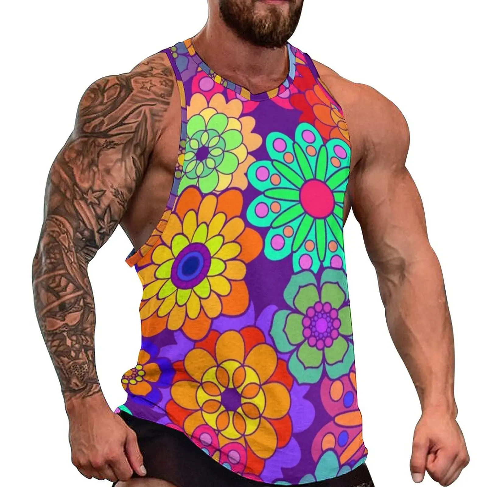 

Retro Hippy Flowers Tank Top Mens Flower Power Print Gym Oversized Tops Summer Sportswear Printed Sleeveless Vests