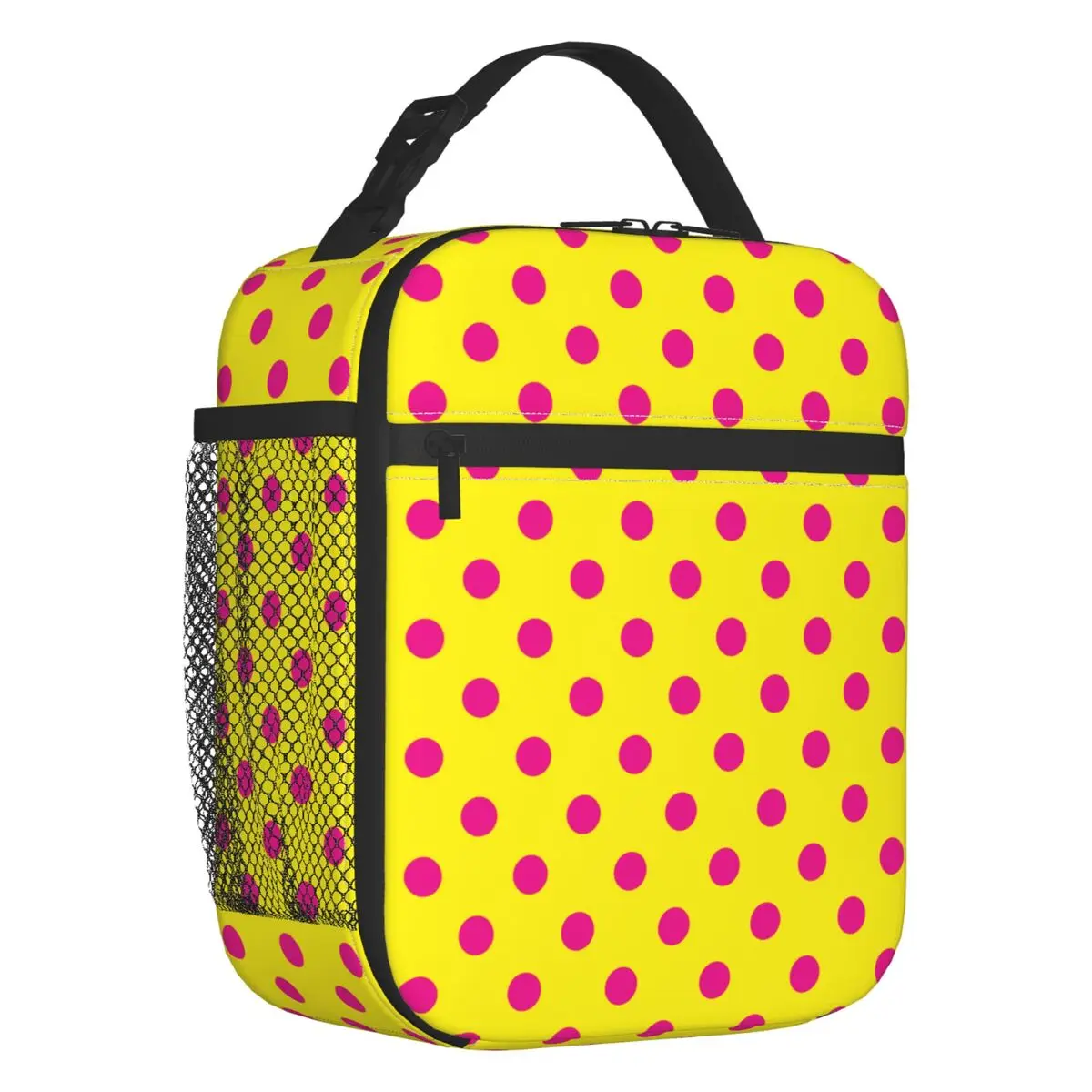 Pink Polka Dots On Yellow Pattern Insulated Lunch Bag for Women Leakproof Cooler Thermal Lunch Tote Kids School Children