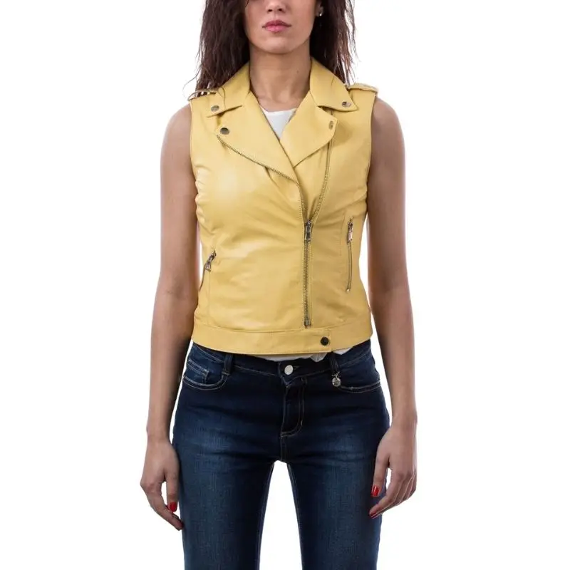 Vest Leather Jacket Womens Size Motorcycle Biker Vintage Women Coat Zip Yellow
