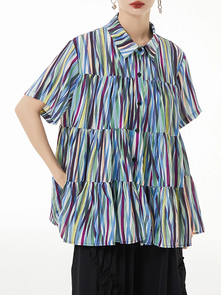 [EAM] Женская тонкая блузка в красочную полоску большого размера новая свободная