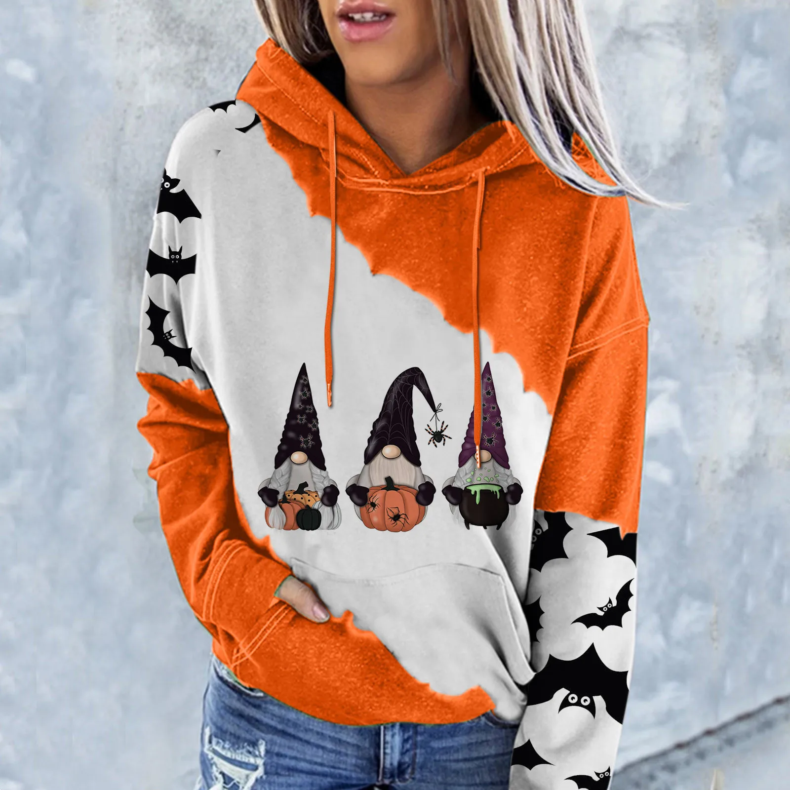 

Hooded Sweat Shirts Women Halloween Pumpkin Print Hoodie Long Sleeve Drawstring Pullover Tops Loose Women Long Fleece Sweater