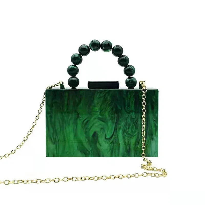 

New Pearlescent Handbag Luxury Famous Brands Green Clutch Bag Beaded Handle Acrylic Evening Bags Wedding Party Crossbody Purses