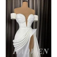 haowen sexy white mermaid evening dresses off the shoulder high slit dubai women formal party prom gowns