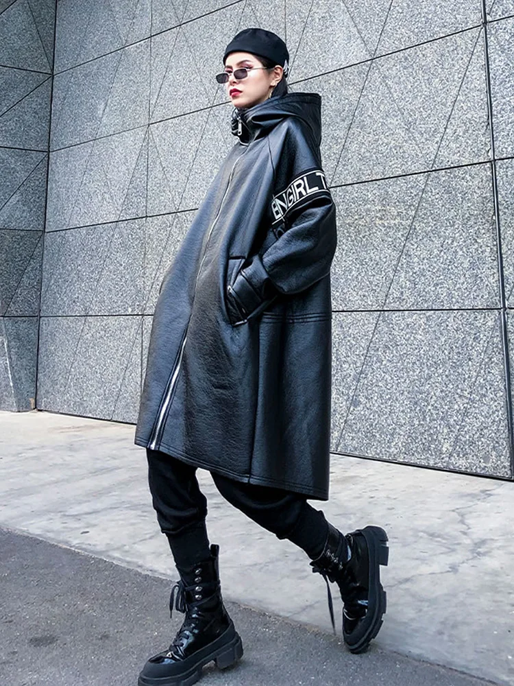 XITAO Letter  Faux Leather Women Fashion New 2019 Autumn Pocket Elegant Goddess Fan Hooded Collar Loose Coat ZLL4442