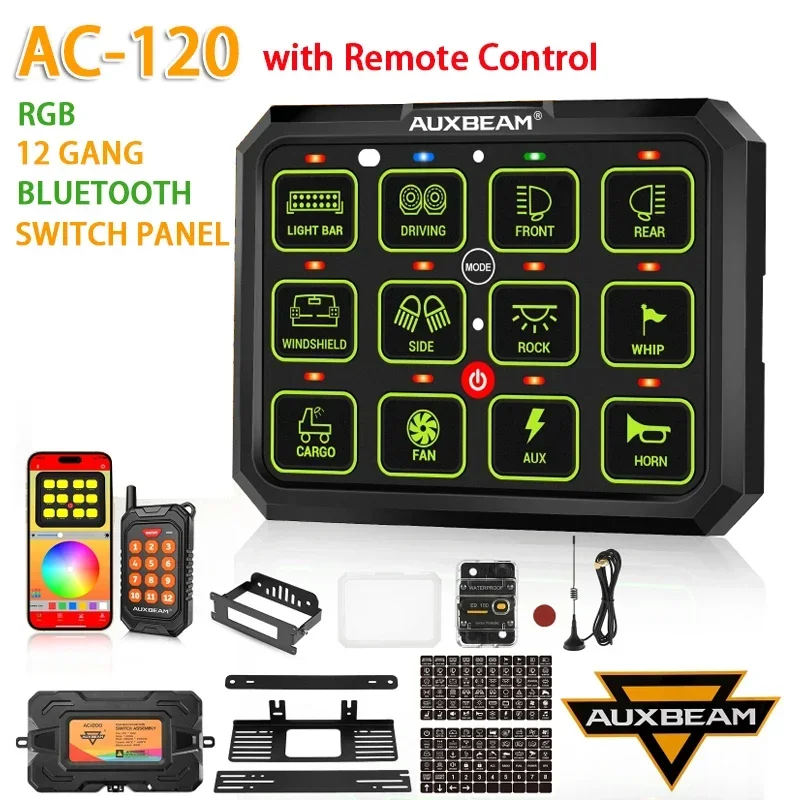 

Универсальная 12-клавишная панель переключателя Auxbeam AC-1200 RGB с приложением и пультом дистанционного управления (односторонняя розетка)