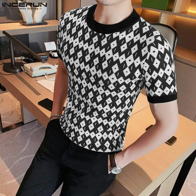 

Handsome Well Fitting Tops INCERUN New Men's Knitting Rhombic Pattern T-shirts Stylish Male O-Neck Short Sleeved Camiseta S-5XL