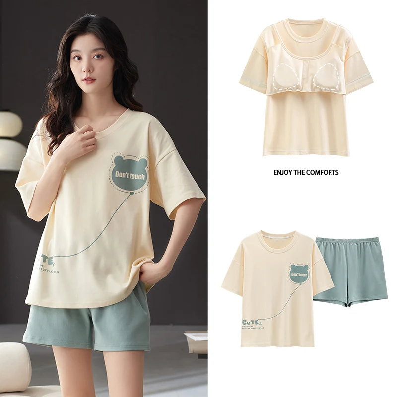 Home Suit for Women Pajamas Summer Loose Sleepwear 100% Cotton Luxury Thin Pyjama Set Elegant 2 Pcs Short Sleeve Free Shipping