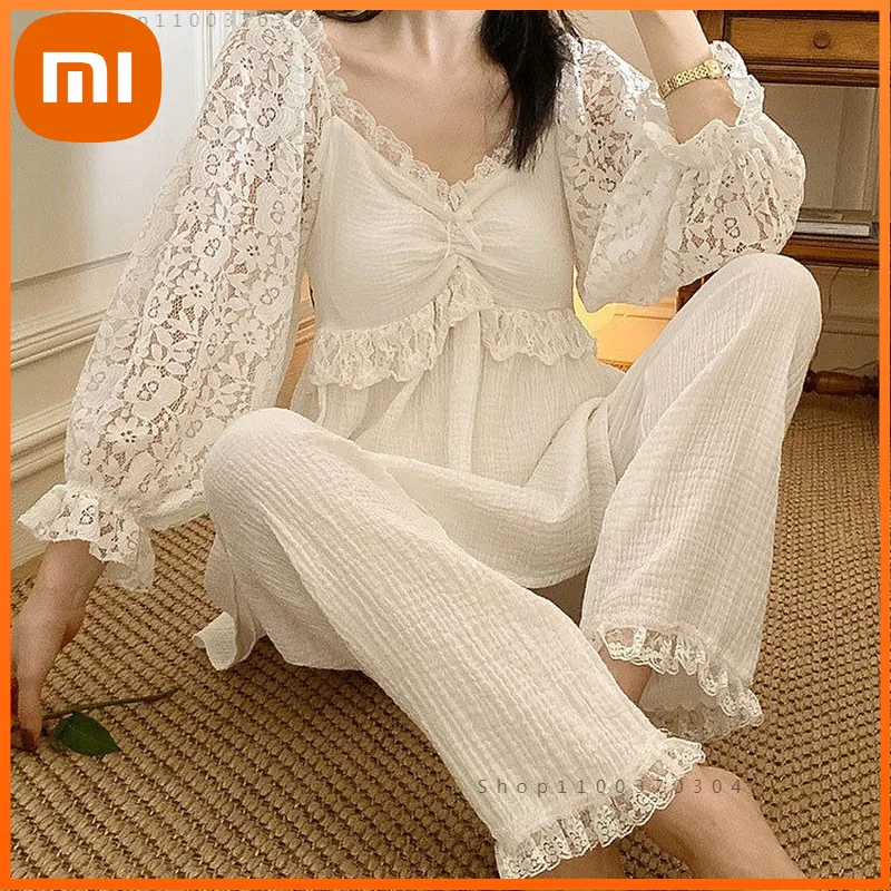 

Xiaomi Sleepwear Women's Cotton 2 Pieces Lace Long Sleeve Pyjama Femme Summer Pijamas Feminino Japanese Princess Room Wear