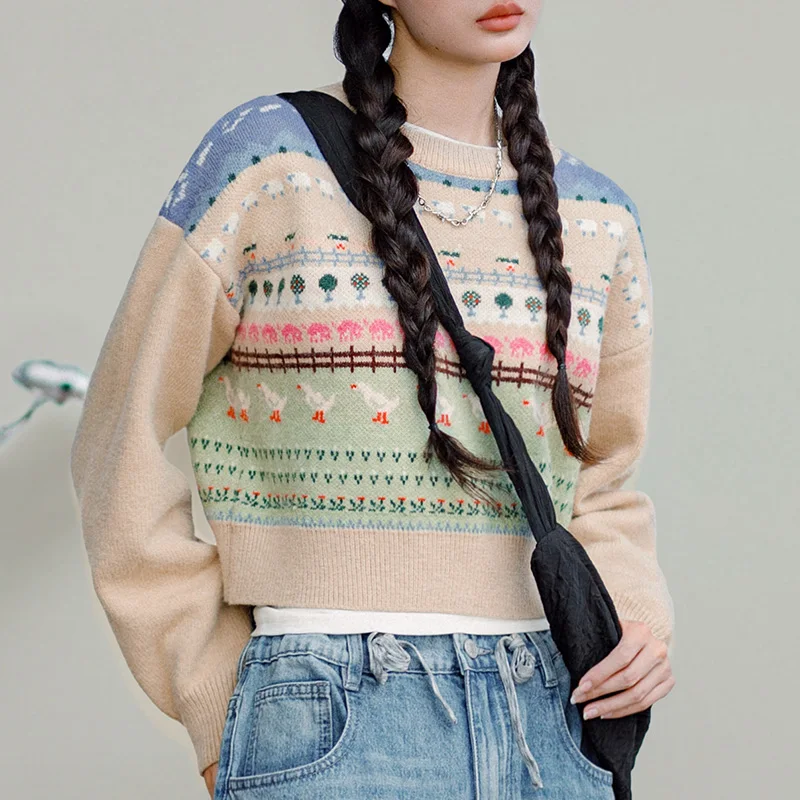 Винтажный свитер Maden с животными универсальный пуловер круглым вырезом для