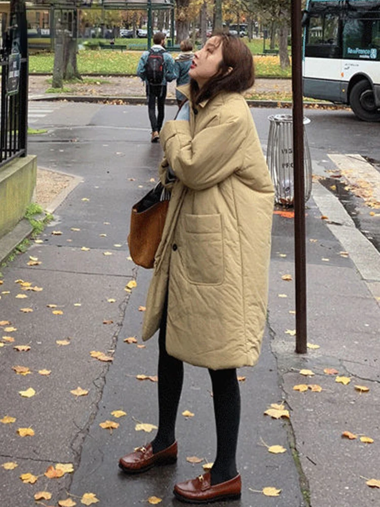 Womens Spring Autumn Jacket Oversized Loose Cotton Padded Thin Coat Turn Down Collar Long Outerwear Elegant Parkas