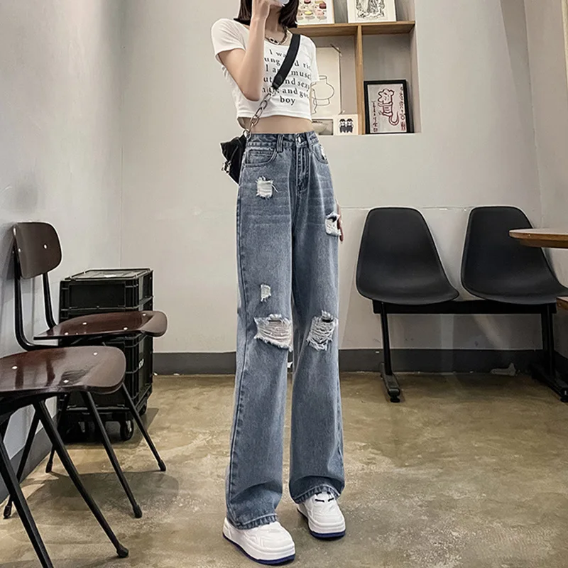 Baggy Ripped Jeans Womens High Waist Straight Wide Leg Casual Pants Streetwear Vintage Korean Fashion Y2K Jeans Pants For Women