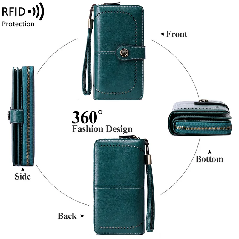 Vintage PU Leather Women's Zipper Wallet RFID Protection Card Holder Coin Wallets Female Three Fold Purse Ladies Clutch Bag