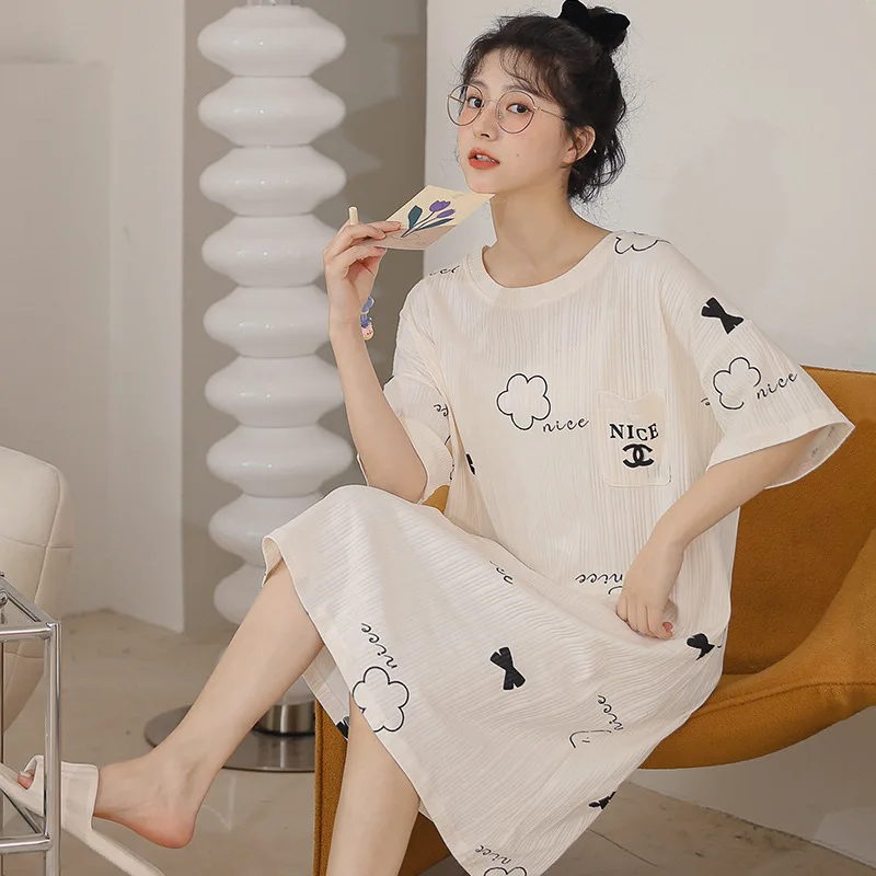 Summer New Pajamas for Women's White Bear Sweet and Cute Soft Short-sleeved Nightgowns Plus Size Sleepwear Breathable Loungewear