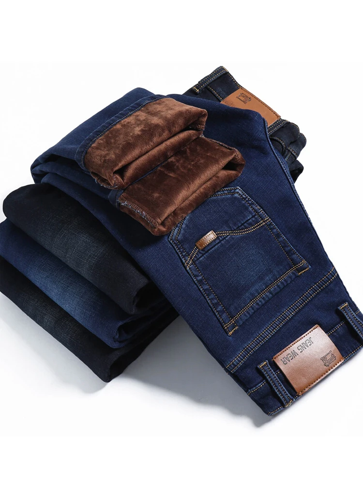 

Winter New Brand Fit Straight Fleece Thickened Warm Jeans Classic Stretch Youth Men's Business Casual High Waist Denim Jeans