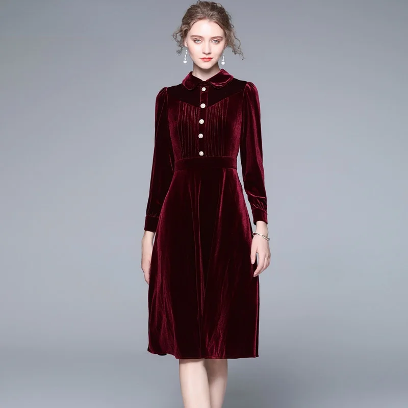 

2022 Elegant Velvet A Line Dress Women Fashion Pearls Single Breasted Long Slim Vestidos Lady Office Party Elbise Trendy Clothe