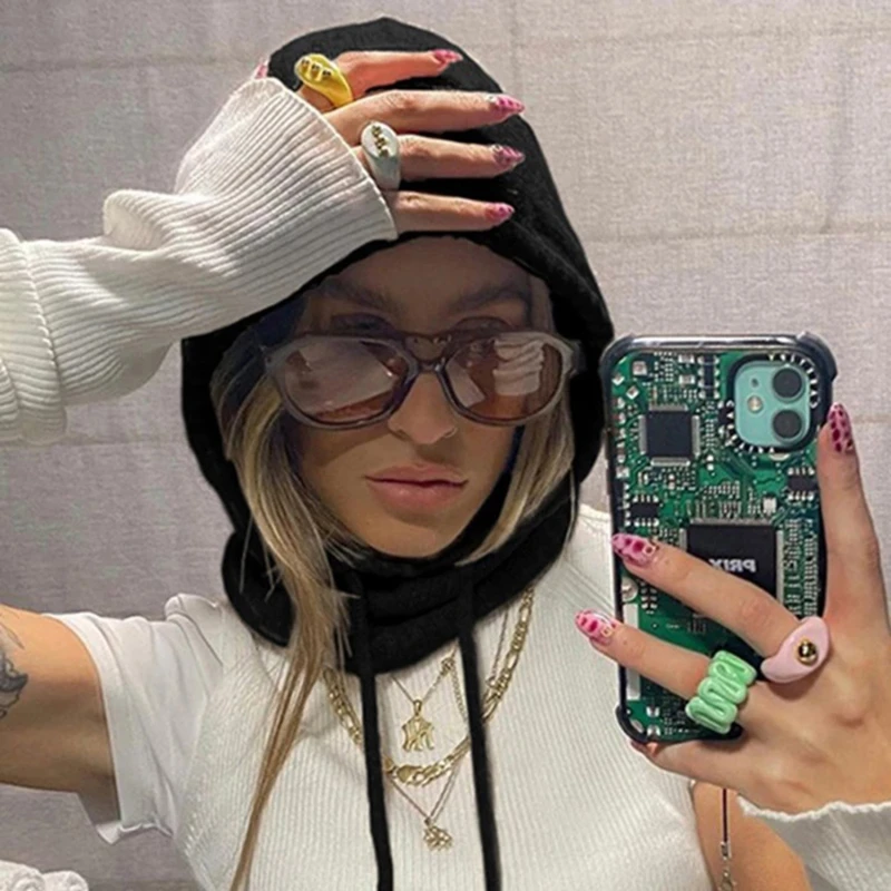 

Y2k Women Warm Hooded Scarf Hat Balaclava Pullover Knitted Beanie Hat With Drawstring Goth Girl Caps Accessories