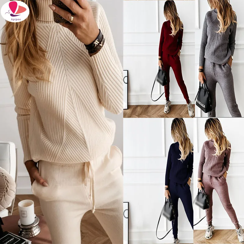 

Осенний Женский вязаный костюм, однотонный пуловер с высоким воротником + облегающая юбка, комплект из двух предметов