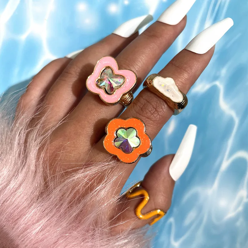 

Europunk Multicoloured Butterfly Floral Crystal Cloud Sea Wave Lovely 4 Piece Joint Ring Set Trendy Ring Set 4 Piece Set