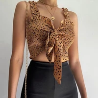women summer sexy spaghetti strap sleeveless tie front cami polka dot ruffles ruched cropped tops brown boho backless vest tanks