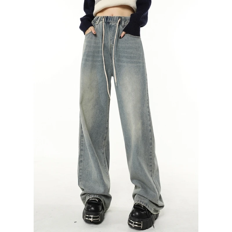 

Vintage Blue High Waist Women Jeans Drawstring American Fashion Streetwear Style Wide Leg Jean Female Trouser Baggy Denim Pants