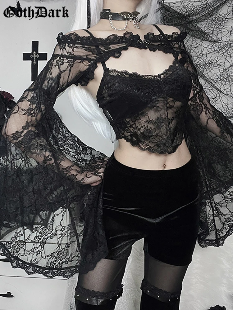 

Goth Dark Elegant Mall Gothic Emo Lace Blouses Shrug Tops Grunge Sheer Sexy Women Alt Crop Top Off Shoulder Flare Sleeve Shirts