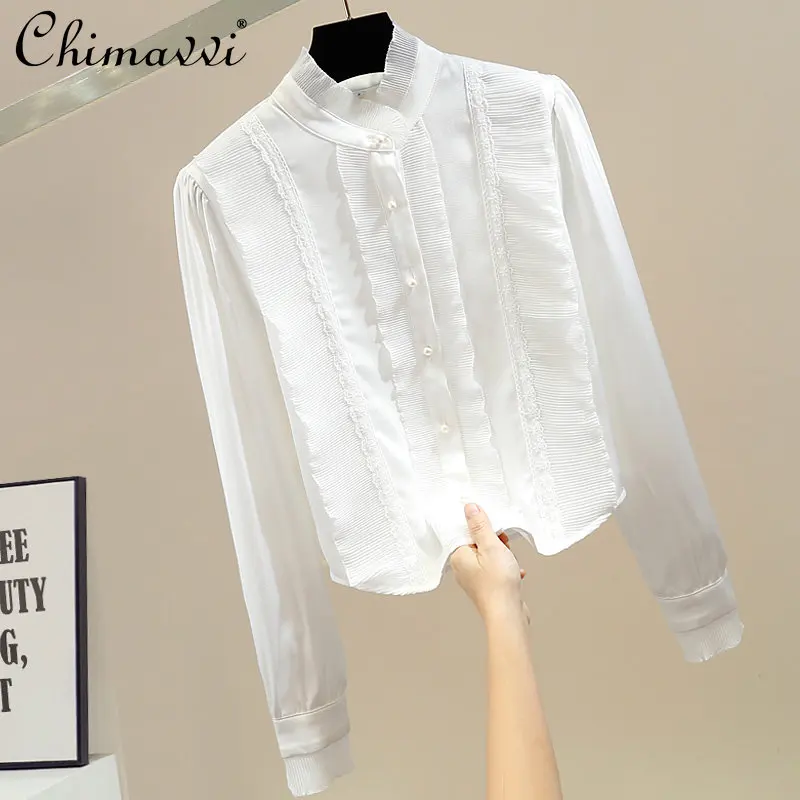 

Sweet Ruffled Patchwork Single-Breasted Stand Collar Irregular Short Satin Shirt Women 2023 spring fashion elegant blusas top