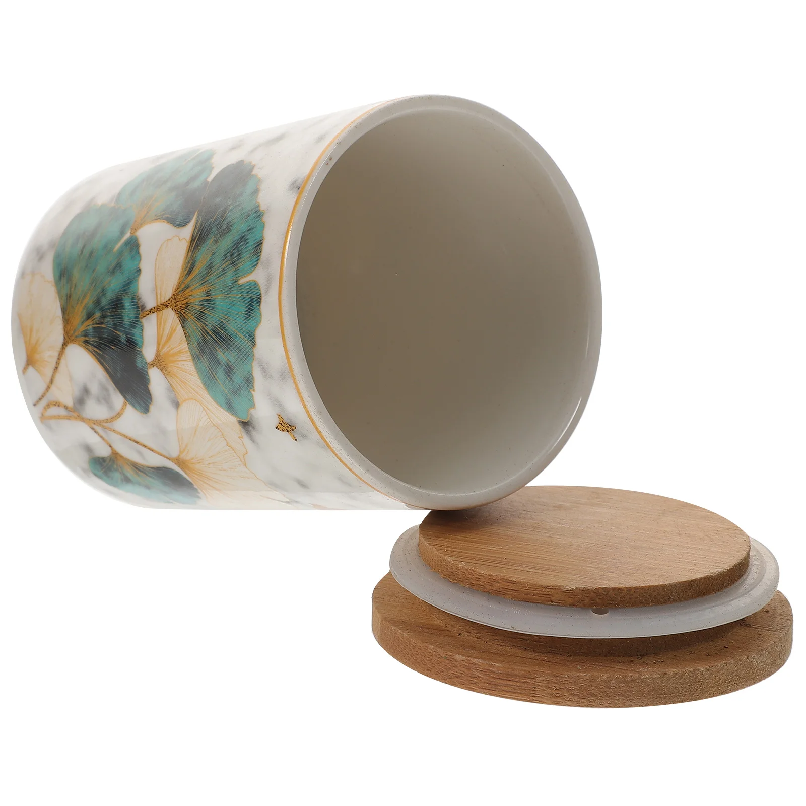 

Airtight Ginkgo Leaf Pattern Bamboo Lid Traditional Ceramic Tea Storage Pot Tea Storage Jar Sugar Pot