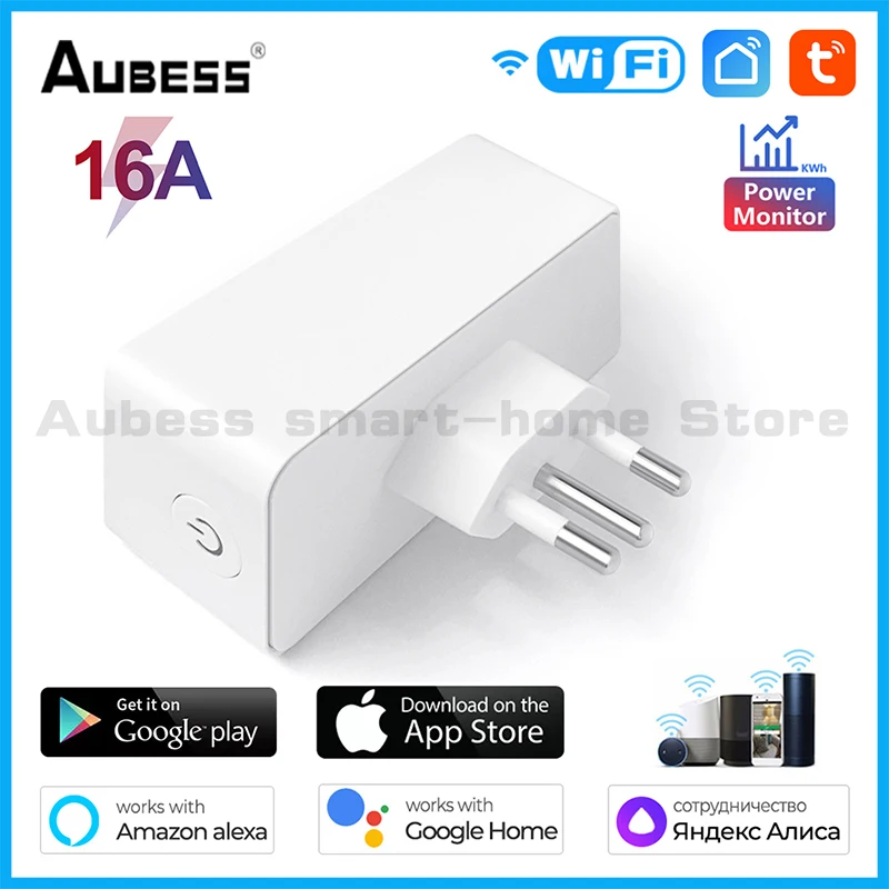 

Aubess 16A BR Wifi Smart Socket Timer Power Monitor Tuya APP Wireless Remote Control Voice Control Alexa Google Assistant Outlet