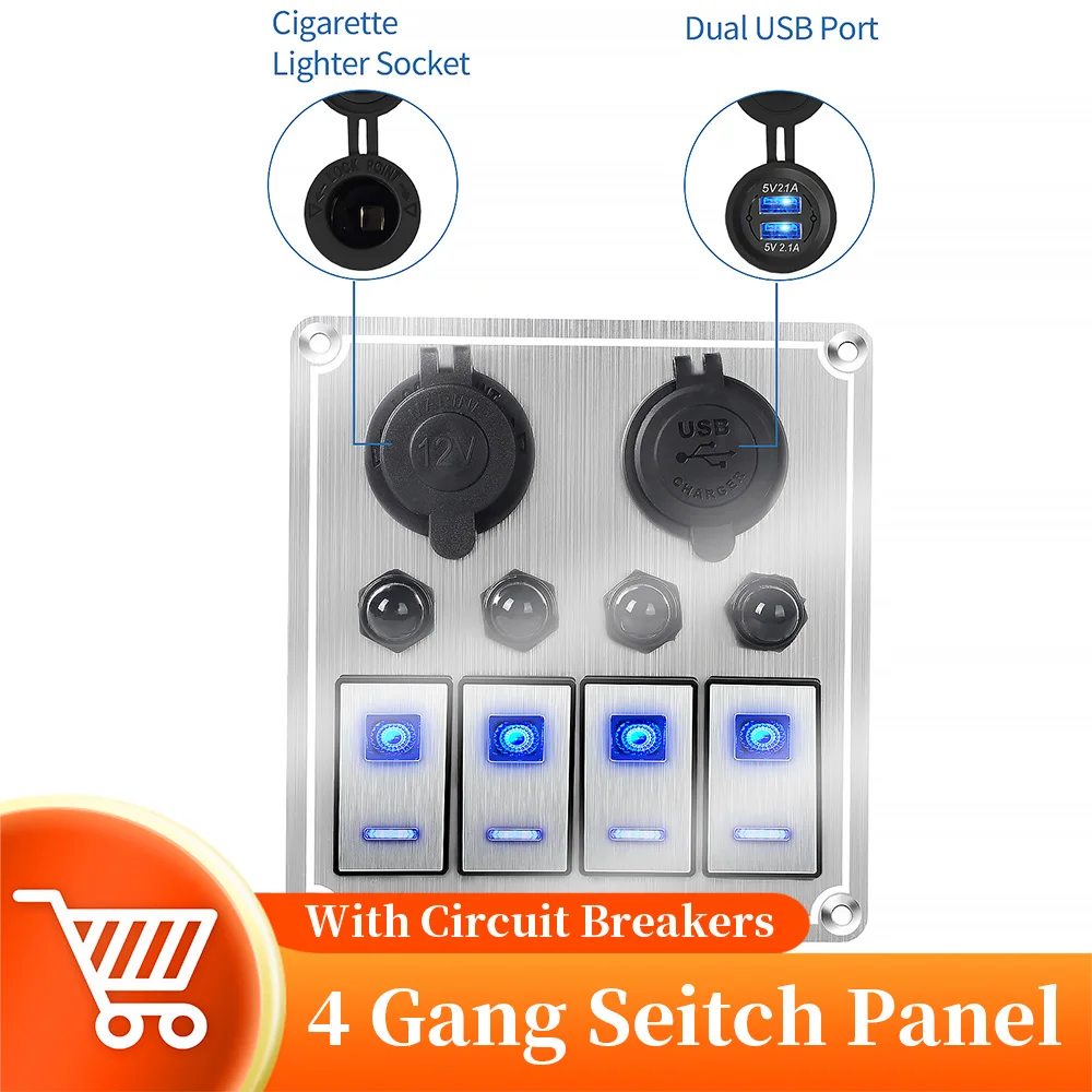 

12/24V Meta Rocker Switch Panel With Protect Circuit Breaker Dual USB Slot Socket Cigarette Lighter For Car RV Marine Boat