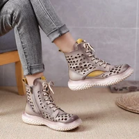 genuine leather sandals womens summer retro colorblock hollow booties lace up casual flat hole shoes