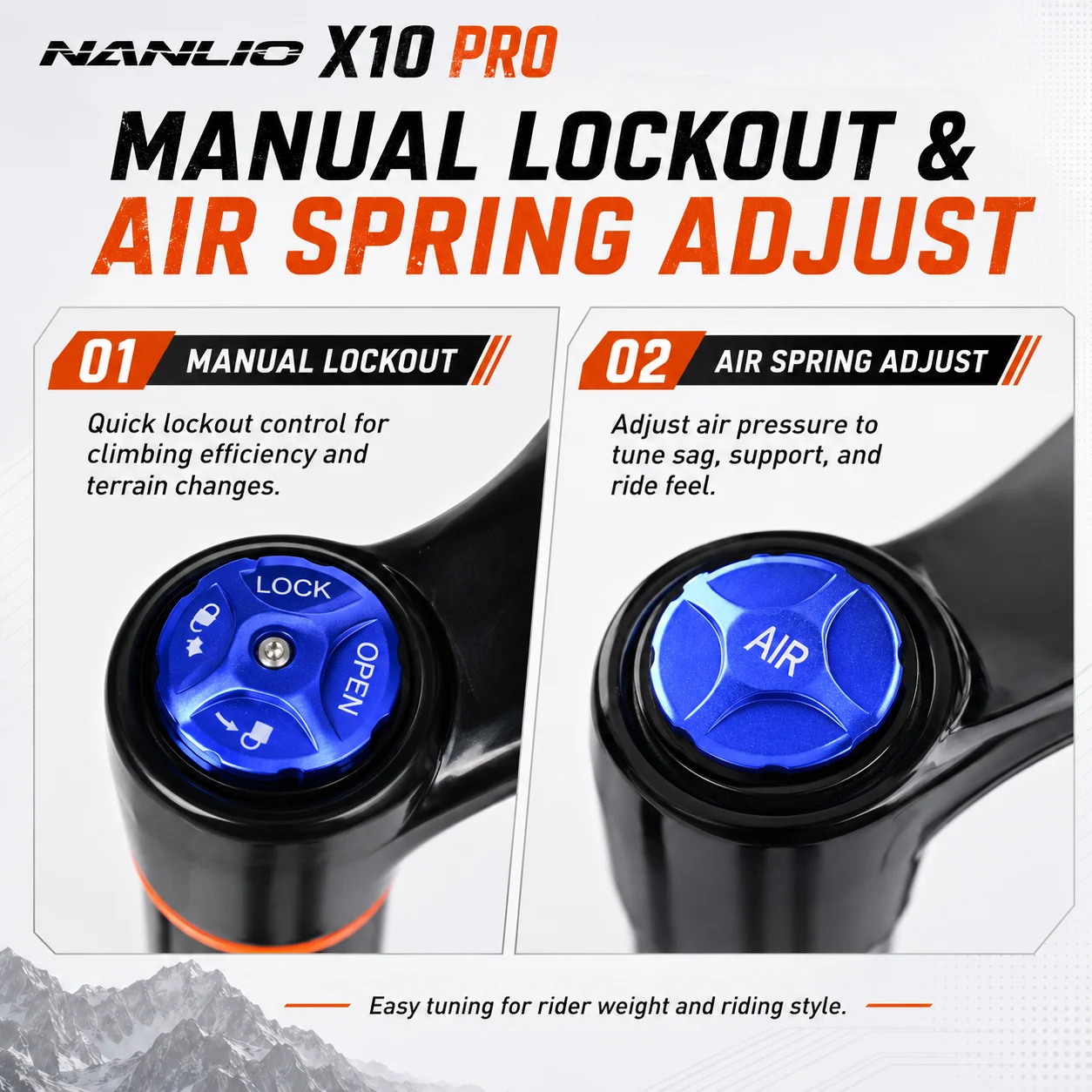 Фото Вилка для горного велосипеда NANLIO X10 PRO BOOST Oil Air MTB, ход 160/180 мм, шток 36/38 мм, сквозная ось 110x15 мм, 27.5/29 дюймов, для All Mountain и Enduro. №4