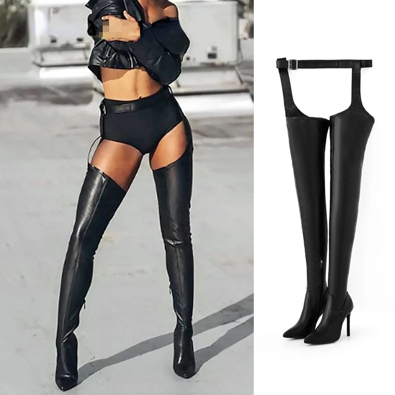 

Women Chap Boots Stretch Zip Up Waist Belt Pointed Toe High Heels Boots Thigh High Shoes Sexy Ladies Stilettos Large Size 35-43