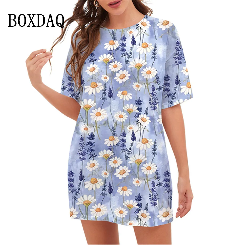 

Женское свободное платье с короткими рукавами, повседневное белое платье с 3D-принтом маргариток в виде растений, Одежда большого размера дл...