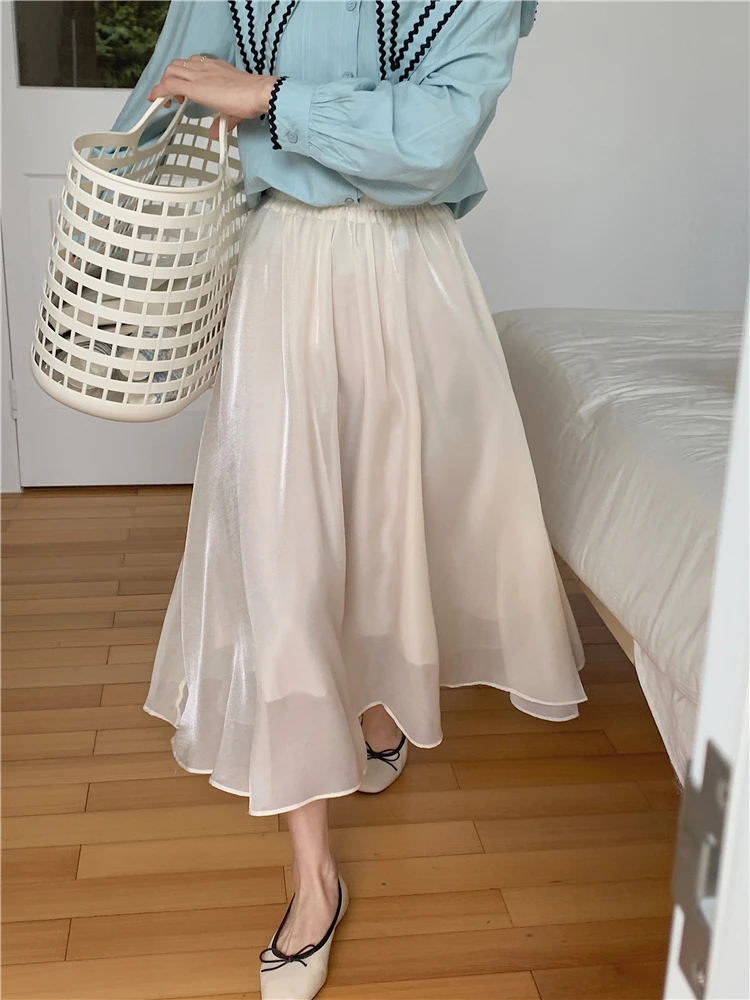 

Bornladies 2022 Summer Fashion Women Skirt High Waist Thin Silky Solid A-line Skirt